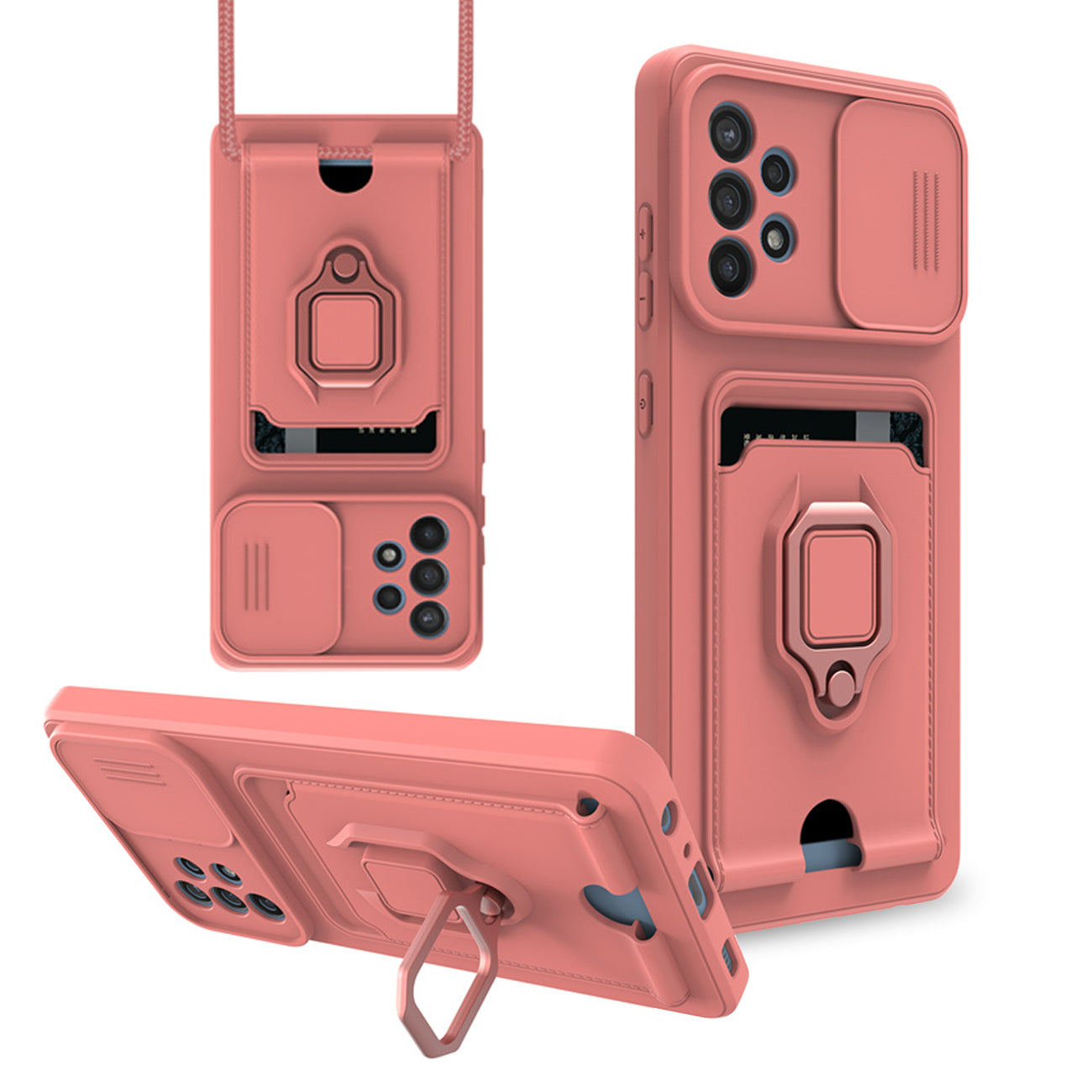 High Quality Samsung 32 5G Case with Camera cover, Kickstand, Slide lens protection, Magnetic ring stand, Crossbody strap and Card holder In Pink